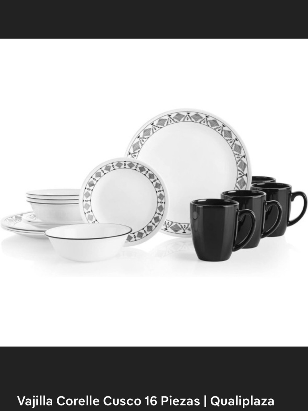 NEW CORELLE CUSCO 16PC DINNERWARE SET NIB SERVICE FOR 4 BLACK WHITE PLATES MUGS